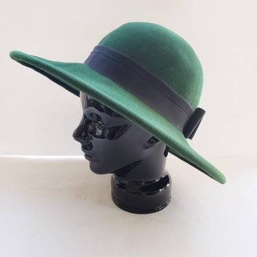 1980s Raymond Hudd Wide Brimmed Hat Green Wool / 80s Oversized Picture Hat Black Satin Ribbon / Glenda 