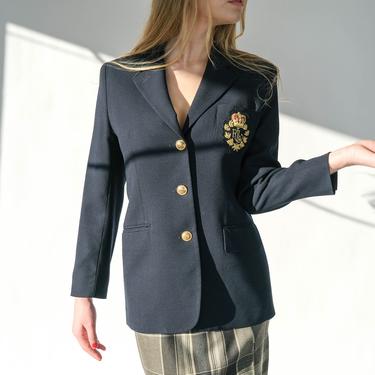 Vintage Ralph Lauren Navy Blue Wool Gabardine Blazer w/ Signature Crown Bullion Chest Pocket | Made in USA | 1990s 2000s RRL Designer Jacket 