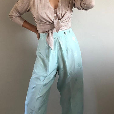 40s silk pants / vintage seafoam green high waisted silk jacquard pleated wide leg relaxed lounge pants | 27 W 