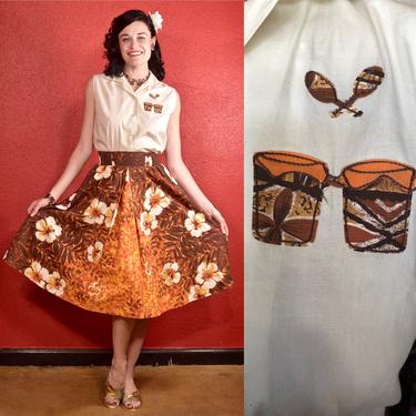1950s Hawaiian Tiki Print Two Piece Set Blouse and Skirt 