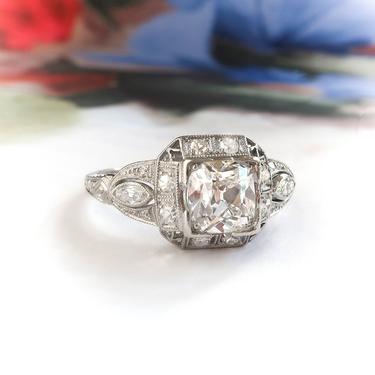 Vintage Art Deco 1.24ct.tw Old Cushion Cut Mixed Cut Diamond Engraved Engagement Ring Platinum 