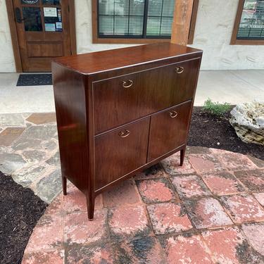 Mid Century Modern Mahogany Upright Bar Cabinet / Server with Divided Storage, Drop-Down Doors 