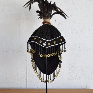 Black Tribal Headdress, Indian Headdress, White Feather Headpiece, Boho Decor, White Beads Headpiece, Feather Decor 