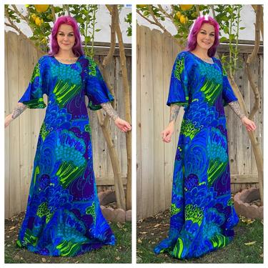 Vintage 1970’s Blue and Green Swirl Hawaiian Maxi Dress 