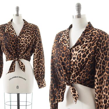 Vintage Style Blouse | 1940s Inspired Leopard Print Long Bishop Sleeve Cropped Tie Waist Rockabilly Pin Up Crop Top (x-large) 