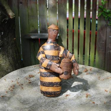 Vtg / Antique Primitive Folk Art Painted Leather Beekeeper Doll w/ Waxed Twine Bee Hive ~ Handcrafted Primitive Leather Occupational Doll 