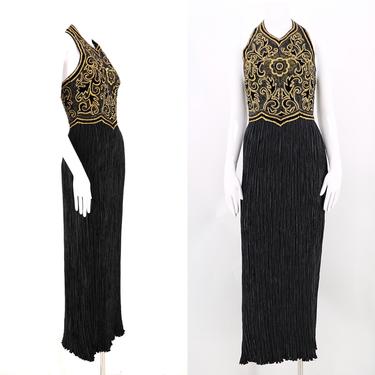 80s Mary McFadden Couture black plisse pleated gown sz 4  / vintage 1980s evening gown w/ heavily encrusted bodice designer dress size 4 