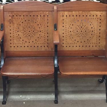 SOLD. Antique Folding Theater Seats | Wood and Cast Iron w/Hat Racks | Row of 4