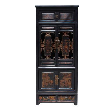 Chinese Fujian Black Golden Graphic Armoire Storage Cabinet cs5162S