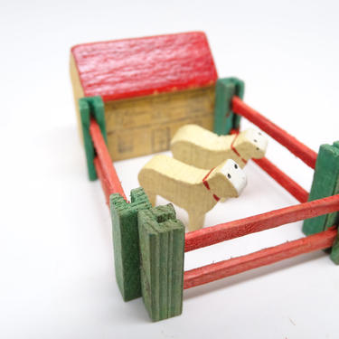 Antique German Barn with 2 Sheep and Fence, Vintage Retro Farm Toy, Christmas Putz 