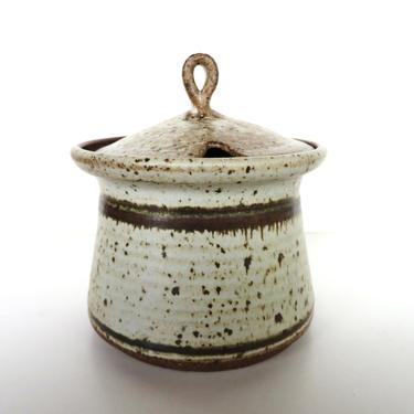 Vintage Studio Pottery Honey Pot, Lidded Honey Or Agave Jar, Hand Made Large Speckled Stoneware Condiment Dish 