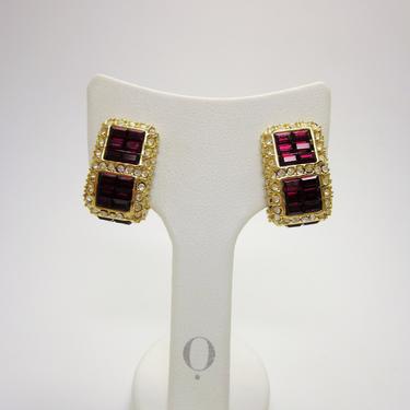 Vintage 1980s Runway Style Signed St. John Ruby Red and White Crystal Clip On Earrings Encrusted Christian Dior Inspired Statement Jewelry 