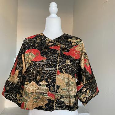 1950s Vogue Special Design Cropped Jacket Asian Inspired Fabric Voluptuous Vintage Bolero 44 Bust 