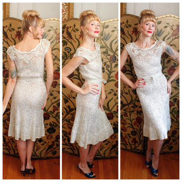 Reserved // 1940s Dress // Silver Ribbon Knit Bea Magnus Dress // vintage 40s dress 