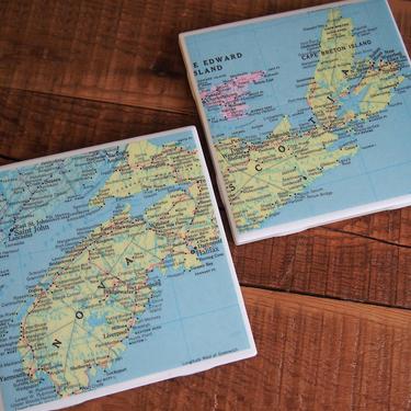 1968 Nova Scotia Canada Vintage Map Coasters - Ceramic Tile Set of 2 - Repurposed 1960s Rand McNally Atlas - Handmade - Canadian Province 