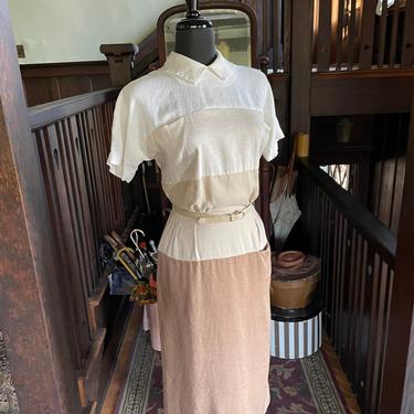 Vintage 1950s Linen Colorblock Designer Dress with Belt - Small W: 26 