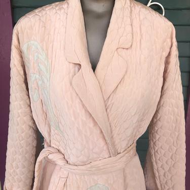 Vintage 40s Elegant Old Hollywood NIEMAN MARCUS Blush Pink Quilted Robe w/Appliques M 