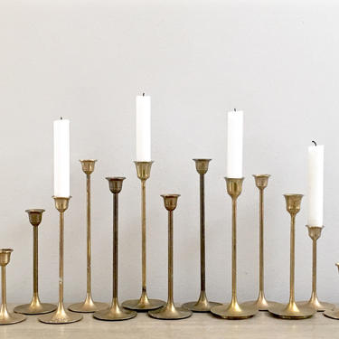 Brass Candlesticks Set of 13 Mid Century Graduated Gold Tulip Danish Mod Candle Holder Collection 