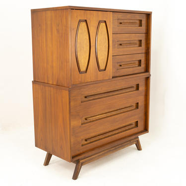 Milo Baughman Style Young Manufacturing Mid Century Walnut and Burlwood 9 Drawer Highboy Dresser - mcm 