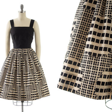 Vintage 1950s Sundress | 50s Polka Dot Checkered Printed Cotton Black White Fit and Flare Day Dress (x-small/small) 