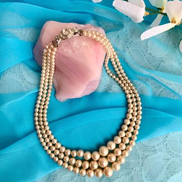 Triple Strand Faux Pearls Necklace, Ornate Clasp, Multi Strand, Choker Length, Bride, Bridal, Wedding, Vintage 60s 
