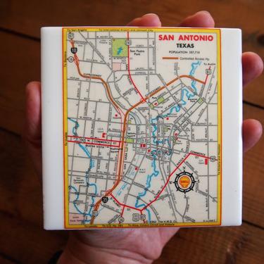 1962 San Antonio Texas Vintage Map Coaster - Ceramic Tile - Repurposed 1960s Shell Oil Company Road Map - Handmade - Texan Decor 