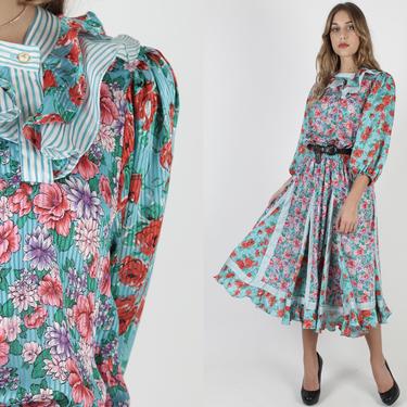 80s Turquoise Diane Freis Dress / 1980s Designer Diane Fres Party Dress / Vintage Bright Teal Floral Georgette Ruffle Button Neck Maxi 
