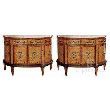 A Handsome Pair of Baltic Neoclassical Style Marquetry Inlaid Birch and Walnut Demilune Commodes.