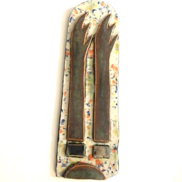 Unique Abstract Ceramic Wall Art Plaque is hand built with  multi-color speckle glaze 3” W x 9.5” H 