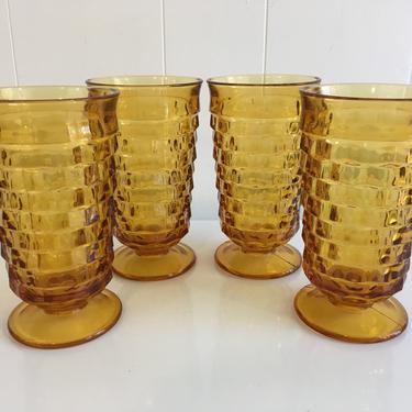 Vintage Iced Tea Glasses Set of Four (4) Indiana Glass Whitehall Pattern Amber Yellow Highball Glasses 1960s 