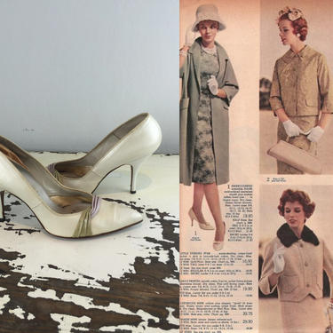 Liz Felt the Heights of Society - Vintage 1960s Pearl Ivory Leather Heels Shoes Stilettos w/Lilac Green Ribbons - 7.5/8 