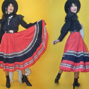 Vintage 1950s Wearable Art Handmade Mexican Fiesta Full Circle Wrinkly Cotton Skirt/SZ M/50s 1960s 60s Folk Rockabilly Square Dance Patio 
