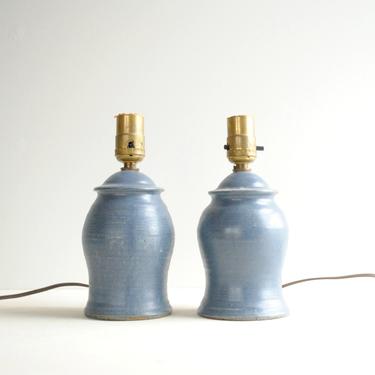 Vintage Pair of Blue Ceramic Pottery Lamps, Table Lamp, Stoneware Pottery Lamp, Blue Lamp, Handmade Pottery Lamp, Pair of Lamps, Lamp Set 