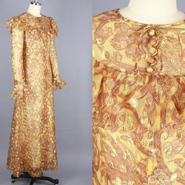 1970s Oscar de la Renta Dress | Vintage 70s Gold Paisley Dress | Medium 