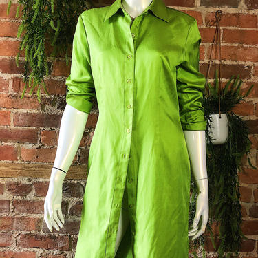 Vintage 1990s 2000s Y2K Silk Minimal Cotton Shirt Dress Collar Tunic Duster Kimono Cover Up Green Chartreuse Lime Color Block Small Petite 