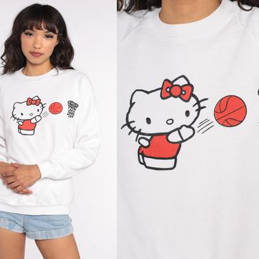 Hello Kitty Sweatshirt 80s Basketball Shirt 1980s Shirt Sanrio Shirt Cartoon Graphic Vintage Kawaii White Retro 90s Cartoon Jerzees Medium 