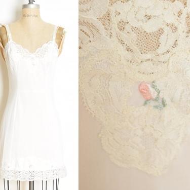 vintage 70s full slip white lace rosebud lingerie dress short S nylon clothing 