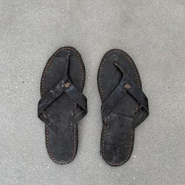 Vintage Antique Prayer Slippers | Handmade Black Leather Slides Sandals | 