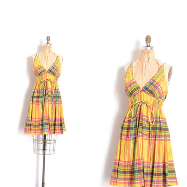 Vintage 1960s Dress / 60s Mr. Mort Plaid Cotton Sundress / Yellow ( S M ) 