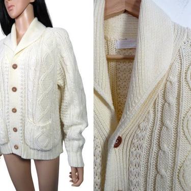 Vintage 80s Shawl Collar Cable Knit Ivory Cardigan With Wood Buttons Size M 