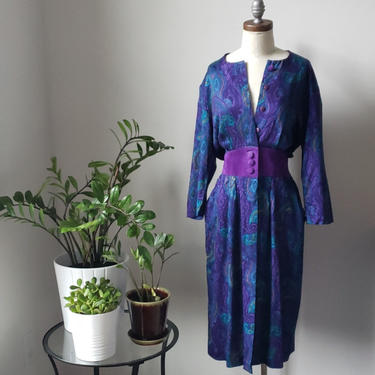 Vintage 80s Karin Stevens Paisley Suede Belt Dress| Vintage 80s Printed Dress| Vintage Career Dress 