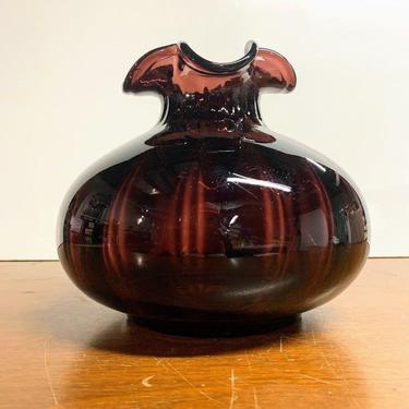 Vintage Amethyst Glass Optic Large Squat Vase Hand Blown Art Glass 