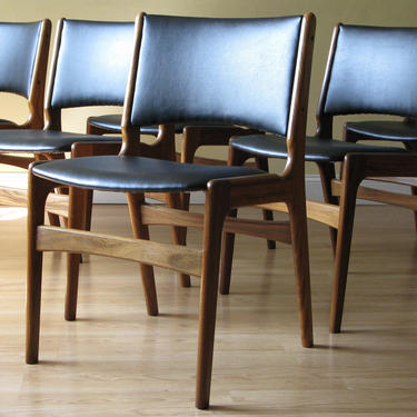 Set of EIGHT Erik Buch Teak Chairs in Black Faux Leather 