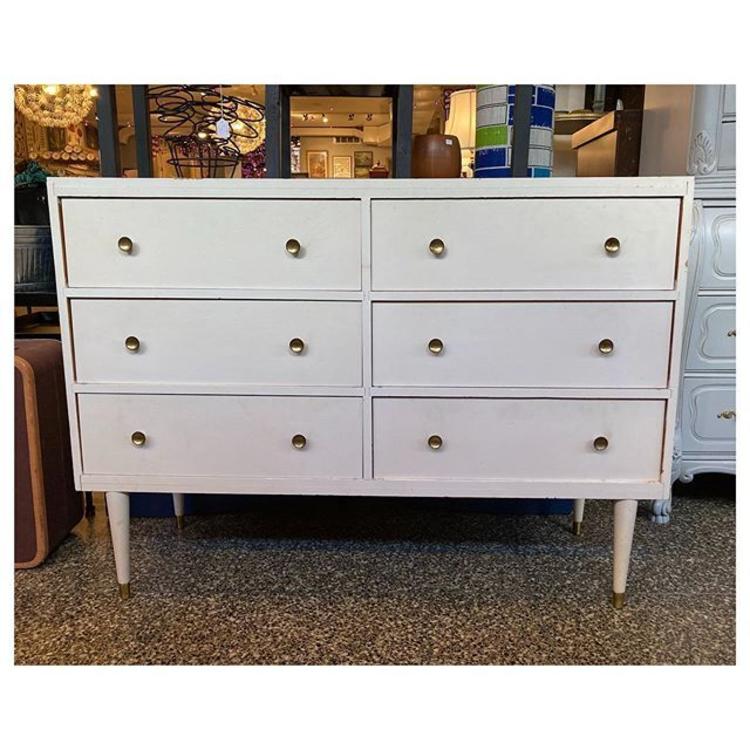 Cream painted mid-century modern 6 drawers with brass knobs 48” length / 16” depth / 35” H 