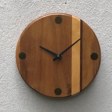 Modern Handcrafted Round Solid Wood Wall Clock, Inlayed Brass Markers, Quiet Quartz Movement 