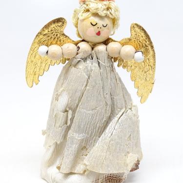 Antique German Erzgebirge Wooden Angel with Gold Dresden Wings, Vintage Christmas Toy 