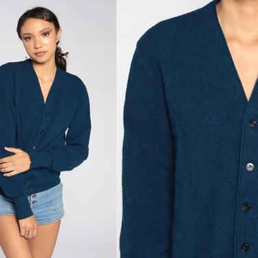 Navy Wool Sweater -- Jantzen Grandpa Cardigan Blue Sweater Plain Button Up 80s Slouchy Wool Knit Vintage Medium 