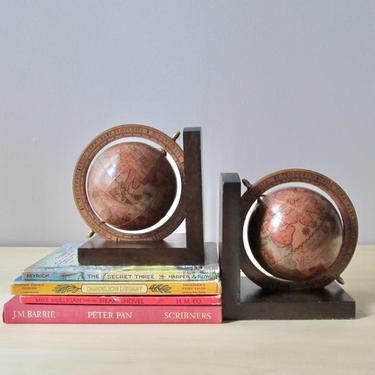 old world spinning globe bookends - vintage bookcase prop made in italy 