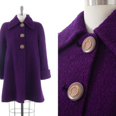 Vintage 1940s Swing Coat | 40s Royal Purple Bouclé Wool Warm Lined Winter Overcoat (medium/large) 