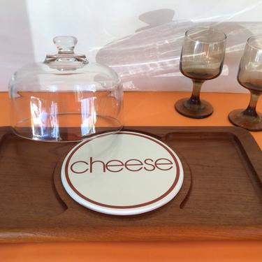 Vintage 1970s Cheese Tray, Teak Cheese Board with Cloche Glasses Dome — so cute! 
